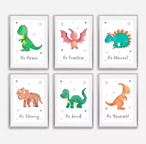 Dinosaur Grey Star Wall Art Prints Childrens Boys Bedroom Nursery Decor Pictures - Picture 1 of 8