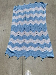 Hand crocheted blanket 45” by 60” with chevron pattern blue and white - Picture 1 of 5