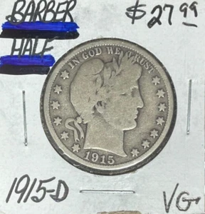 1915-D BARBER SILVER HALF DOLLAR ~ VG ~NICE COIN~ - Picture 1 of 2