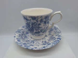 Nikko Tableware Cup and Saucer Tea Roses Swirl Rim Blue Floral Footed Cup Japan - Picture 1 of 13