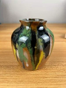 Belgium Style Art Deco Black Green Drip Glaze Cabinet Vase Signed - Picture 1 of 7