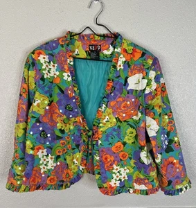 Redd Jeans Jacket Blazer Sz 16 Colorful Floral Sequin Wearable Art Maximalist - Picture 1 of 12