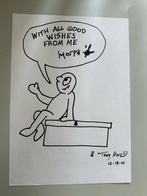 Tony Hart Original Firmado Dibujado a Mano Morph A4 Dibujo de Dibujos Animados Visión On Take Hart Foto 1 de 3