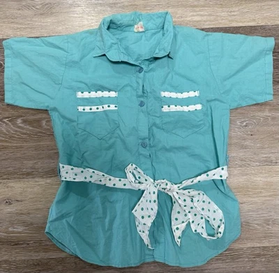 VTG 1960s Girls Teal Polka Dot short sleeve shirt And Waist Belt Sz 16 - Image 1 of 4