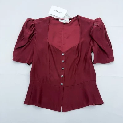 Blusa de seda con marco nuevo con etiquetas botón peplum delantero para mujer XS Puff manga corta rojo sangre de buey Foto 1 de 4