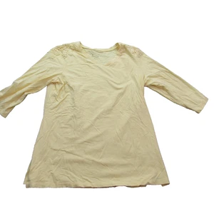 Denim & Co Shirt Womens Medium Yellow 3/4 Sleeve Lace Shoulder Top Stretch Tee - Picture 1 of 10