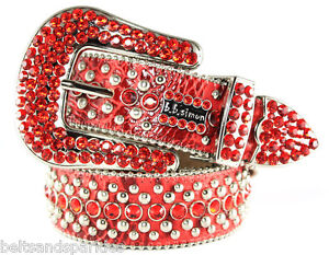 BB Simon Swarovski Crystal Red Leather Belt 34 XL New