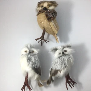 Standing Ornaments Figurines Brown Grey Owls Birds Wood Feathers Fabric Set of 3 - Picture 1 of 4