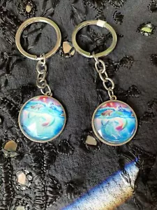 Mermaid Dophin Boho Keychain Ring Fob Gypsy Hippie Silver New Resin Enamel Blue - Picture 1 of 3