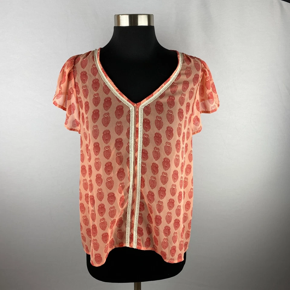Maison Jules Top Womens Semi Sheer Allover Owl Print Lace Trim Flutter Sleeve M - Image 1 of 4