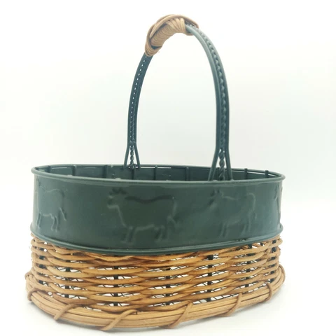 Oval Full Metal Cow Frame Woven Wicker Wooden Basket Approx 8"Lx  6"Wx 8"H Cover