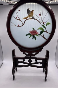 Vintage Chinese Art Double-Sided Suzhou Silk Embroidery Love Birds Flower - Picture 1 of 7