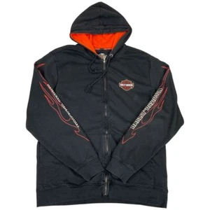 Vintage 90s 00s Black Orange Harley Davidson Spell Out Logo Zip Up Hoodie L - Picture 1 of 4