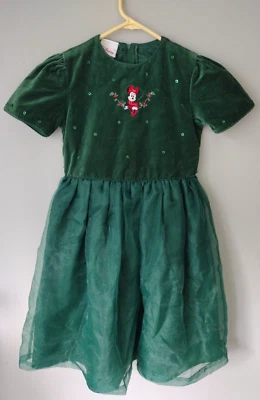 Vtg Disney Store Minnie Mouse Green Holiday Christmas Dress Tie Back Size 7/8  - Image 1 of 4