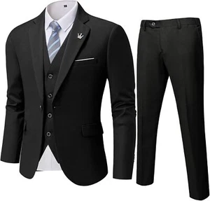 MYS Men's 3 Piece Slim Fit Suit Set, One Button Solid Jacket Vest Pants with Tie - Picture 1 of 27