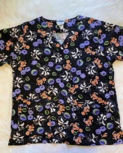 Landau Scrub Top Womens Size Large Black Halloween Pumpkin Ghost Short Sleeve - Picture 1 of 5