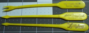 3 vintage LAiglon Tulsa club President swizzle stick 5 3/8" yellow fork end - Picture 1 of 3