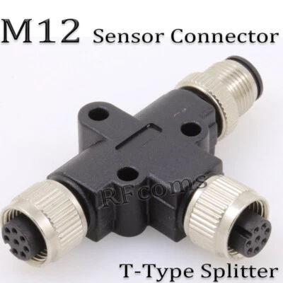 M12 Sensor Connector T Splitter 1 Male to 2 Female Adapter Waterproof Connectors - Image 1 of 4