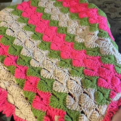 Handmade Pink Green & Gray Fringe Afghan 45”x113” - Image 1 of 4