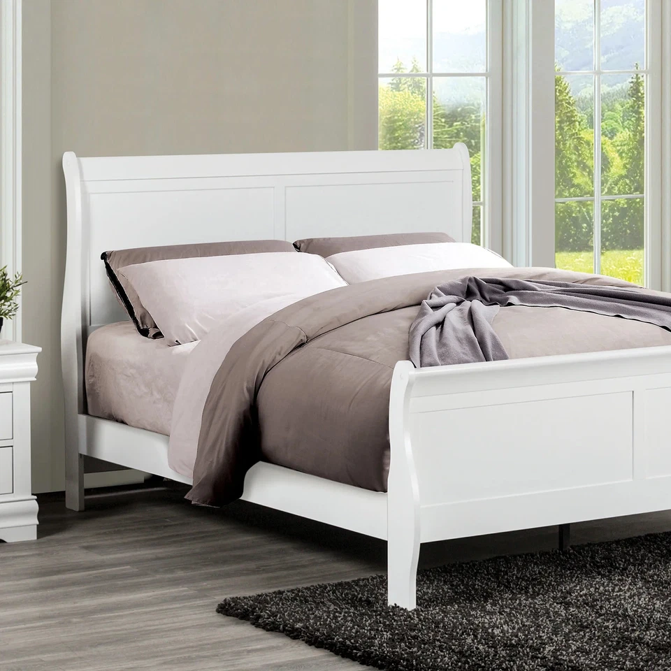 Cama trineo Queen clásica blanca | Muebles de dormitorio de madera Louis Phillipe Foto 1 de 4