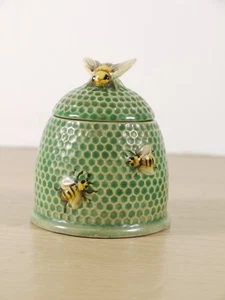 Vintage 1930's Marutomoware Japanese Honey Ceramic Pot Bee Hive Honeycomb Green - Picture 1 of 11