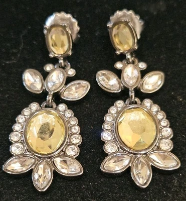 Classic Lia Sophia Dangling Pierced Earrings Canary Stone & Clear Rhinestones - Image 1 of 2