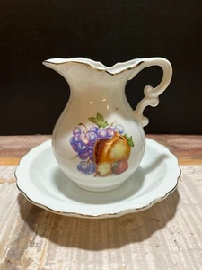 Vintage Japanese Pitcher and Bowl Grapes Strawberries Pear Design Gold Trim - Picture 1 of 8