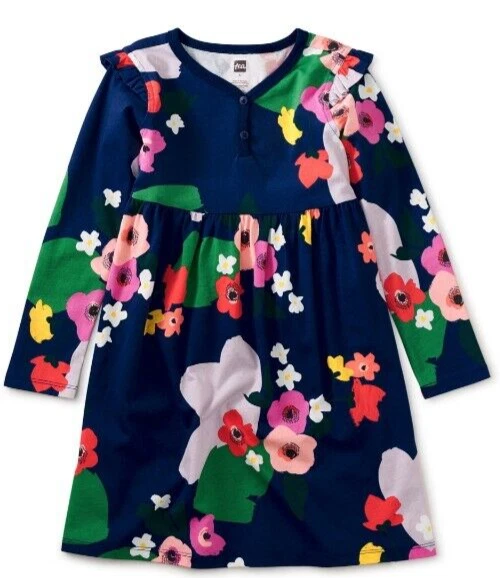 TEA COLLECTION Ruffled Gather-Skirt Henley  Dress - Navy - NWT Girls 12 - Image 1 of 1