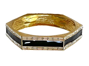 Black Enamel Baguette Rhinestone Bracelet Bangle Gold-toned Elegant Bling - Picture 1 of 5