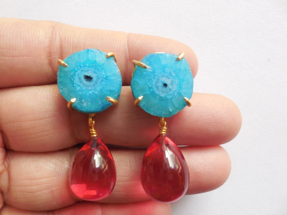 Brinco solar gota drusa pedra preciosa folheado a ouro designer de moda joia - Imagem 1 de 4