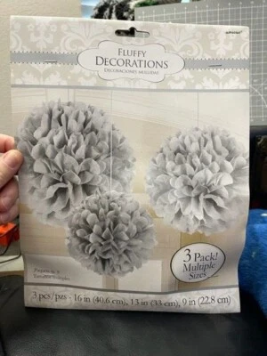 DECORACIONES REDONDAS DE POMPÓN ESPONJOSO PLATEADO (3) ~ Suministros de fiesta de boda de cumpleaños Foto 1 de 2