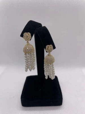 Flower with hanging dome white pearl strands earrings lab created diamond accent - Image 1 of 4