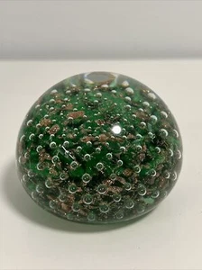 VTG Glass Paperweight Controlled Bubbles Emerald Green And Gold Art Glass 2.5” - Picture 1 of 6