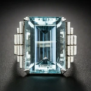 Retro 925 Sterling Silver 42.00ct Sky Blue Aquamarine Engagement Wedding Ring - Picture 1 of 7