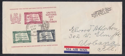 Sello de la ONU #38 usado en cubierta #10 a Illinois 25/10/55 - raro no en FDC Foto 1 de 2