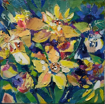 Original oil painting 8"x8" Still life, Flowers, Yellow, Green, Impressionism - Image 1 of 4