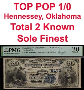 1882 $20 National Bank Hennessey, Oklahoma CH# 5473 PMG 20 Top Pop 1/0 Finest - Picture 1 of 4
