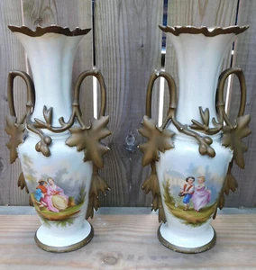Jarrones antiguos de porcelana de París de 15" del siglo XIX pintados a mano asas de doble hoja Ewers - Imagen 1 de 13