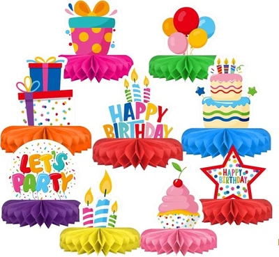 Centros de mesa de fiesta coloridos de panal de feliz cumpleaños decoraciones para niños Foto 1 de 4