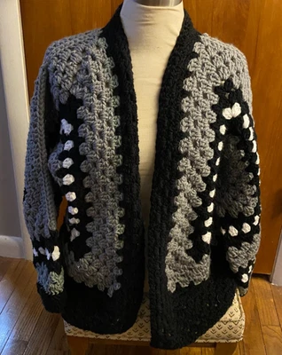 Cárdigan suéter hexagonal tejido a mano azul y blanco talla grande M nuevo Foto 1 de 4