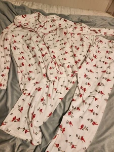 Laura Ashley Pyjama Set Fleece weiß mit Kardinal Vögeln L - Bild 1 von 3