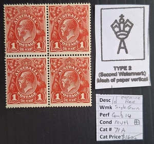 1914 Australia blk 4X1d Carmine red KGV stamps 2nd WMK MUH Cat $160.00+++ - Picture 1 of 3