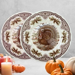 Royal Stafford HOMELAND TURKEY SALAD PLATES Thanksgiving Acorn NEW Set Of 2 - Picture 1 of 7