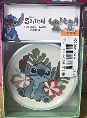 Pendientes enchapados en plata fina Disney Stitch y pequeño plato de baratija nuevos en caja Foto 1 de 4