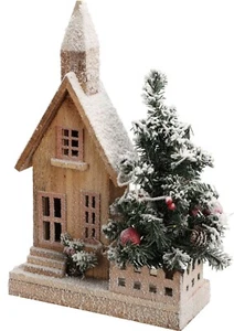 LED Wooden Christmas House with Tree Snow Covered Light Up Village House - Picture 1 of 2