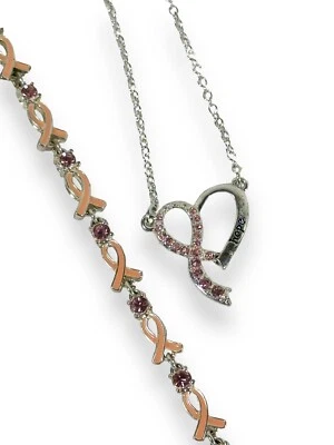 Avon Breast Cancer Jewelry Lot Heart Ribbon Hope Necklace & Rhinestone Bracelet - Image 1 of 4