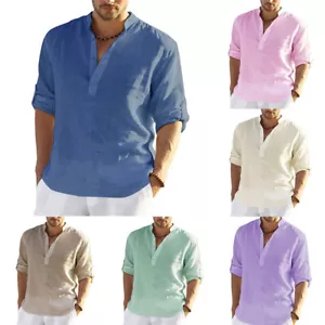 Hombres Mangas Largas Lino Camisa Prendas para el torso Blusa Vestido Camisa Color Liso Informal Suelta - Imagen 1 de 15