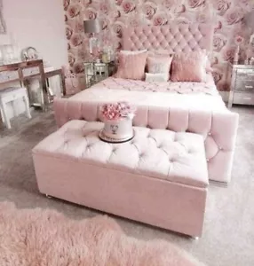 Blush Pink Plush Velvet Chesterfield Monaco Diamante Sleigh Bed + Mattress - Picture 1 of 2