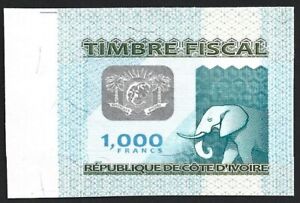 ELEPHANT Ivory Coast 2010 revenue stamp 1000 CFA imperforate proof on thin card