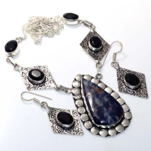 Sodalite Black Onyx 925 Silver Plated Necklace Earrings Set 17|1.8" GW - Picture 1 of 3